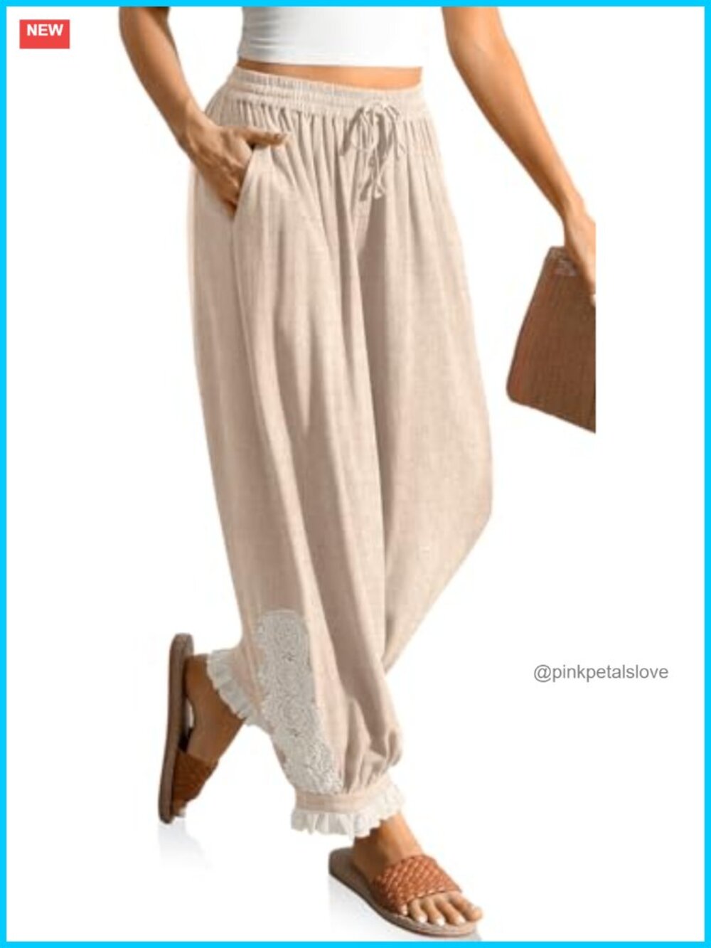 Linen Blend Harem Pants with Lace Trim Casual Boho Lantern Cropped Pants
